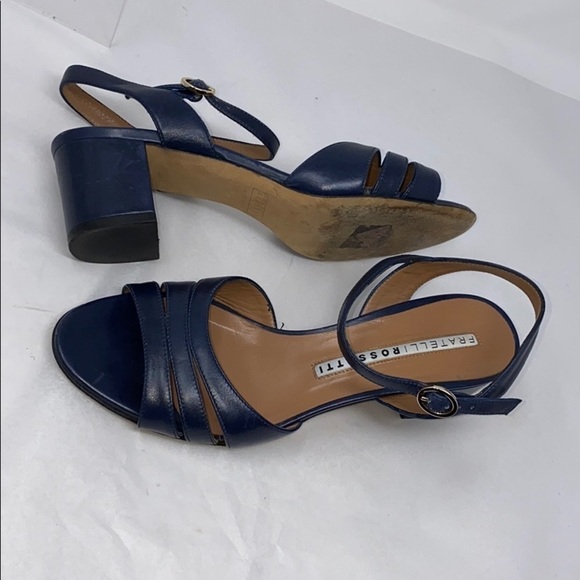 Fratelli Rossetti Sz 39 Low Block Heel Navy Leather Open Toe Sandals - Picture 3 of 12